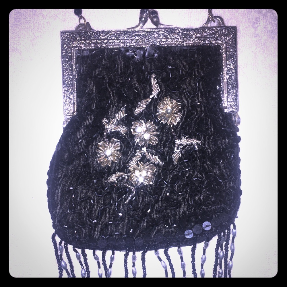Vintage black silver sequin bead purse 6.5” by 5”